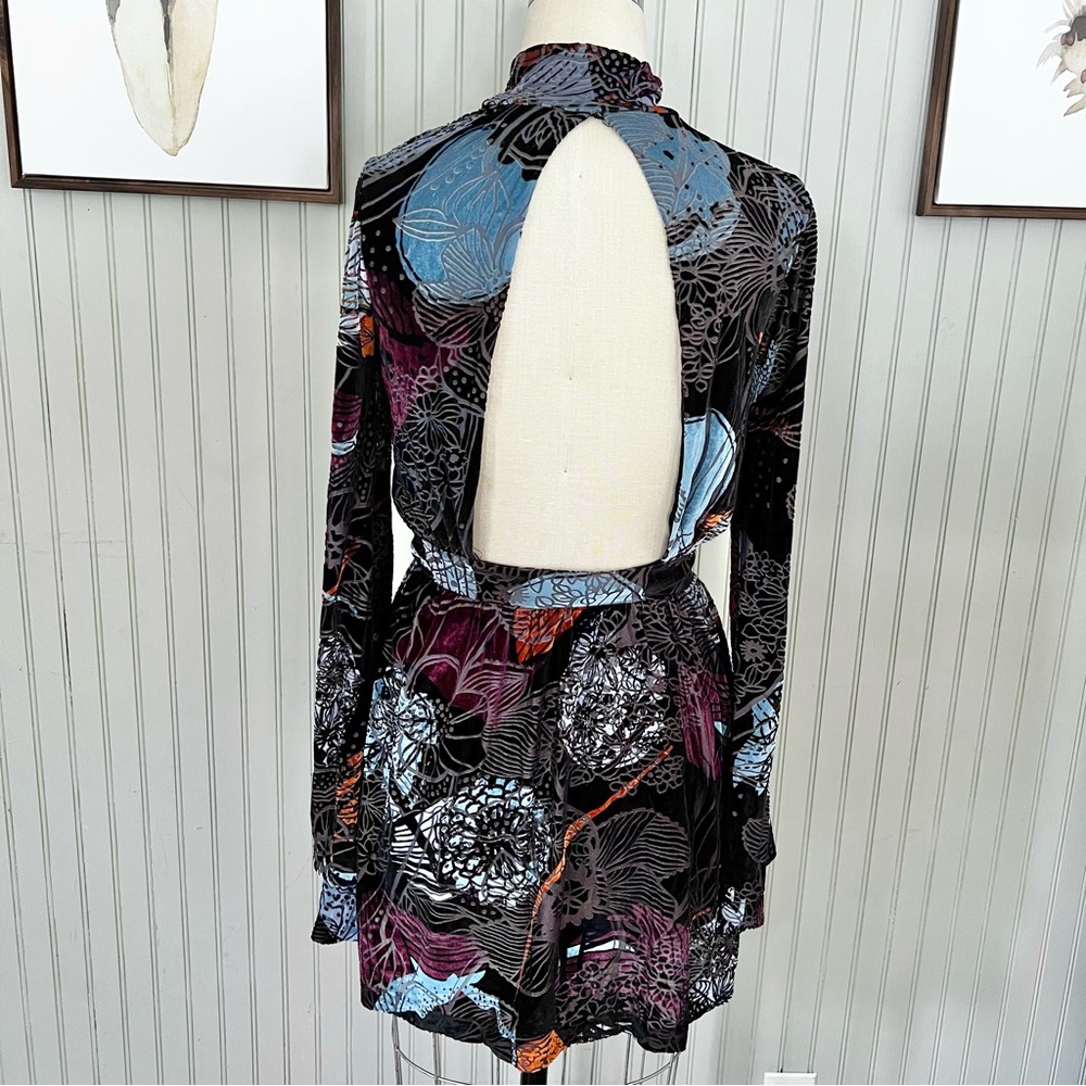 Free People Burnout Velvet Mock Neck Open Back Floral Mini Dress - Picture 6 of 10